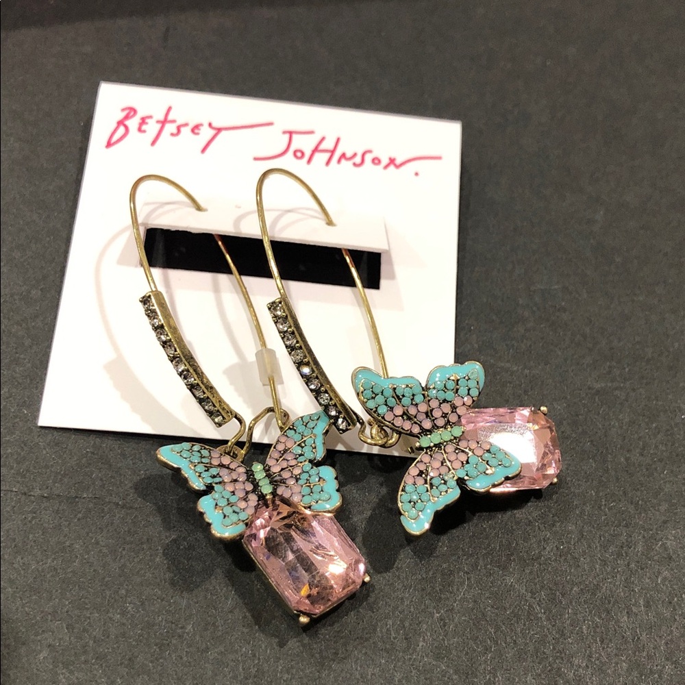Betsey Johnson pink tourmaline blue turquoise look pave trim butterfly earrings‎